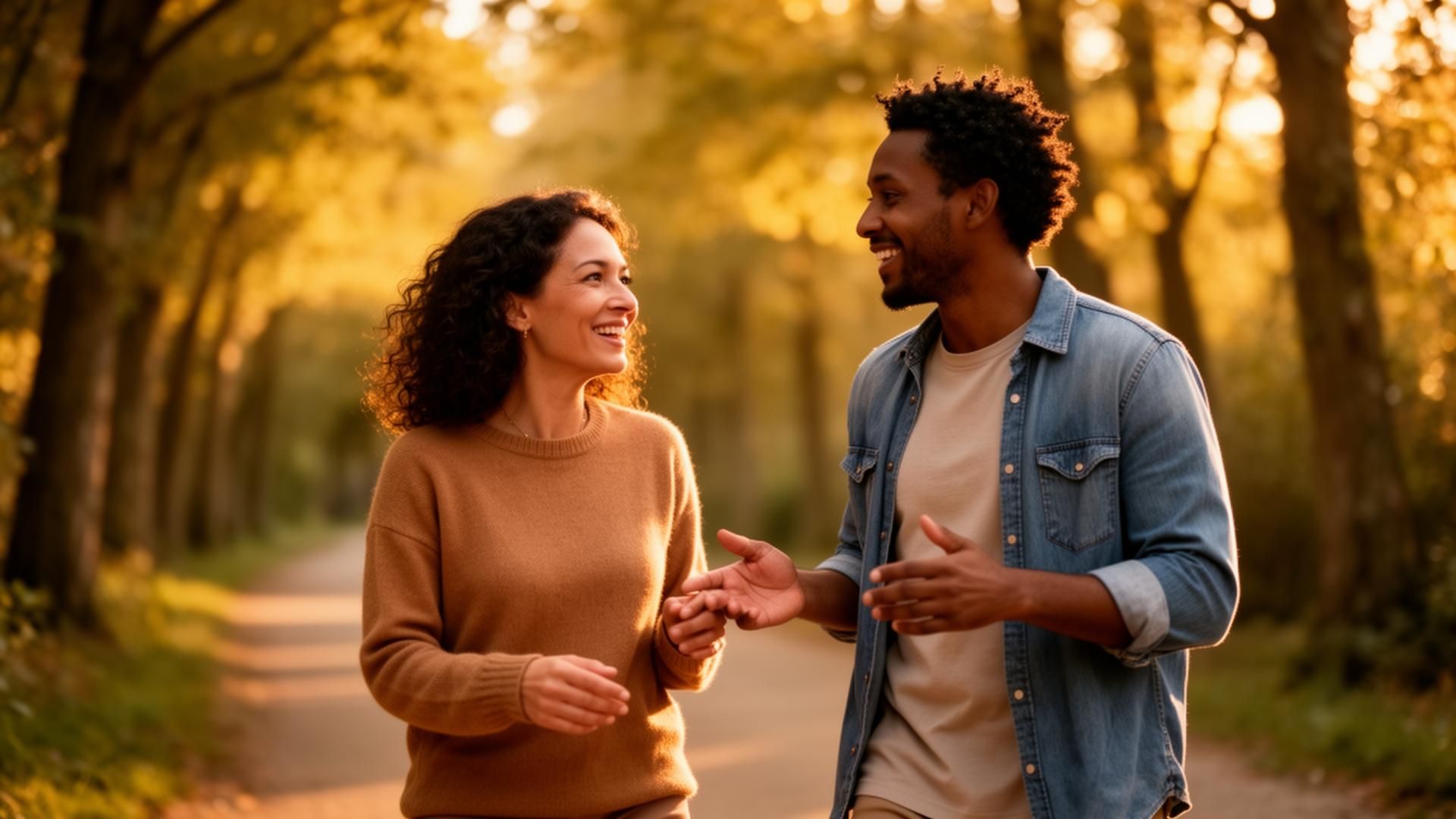 A coach and client in warm conversation outdoors