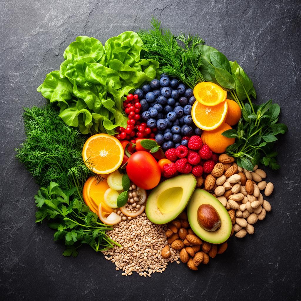 A top-down arrangement of fresh, colourful ingredients