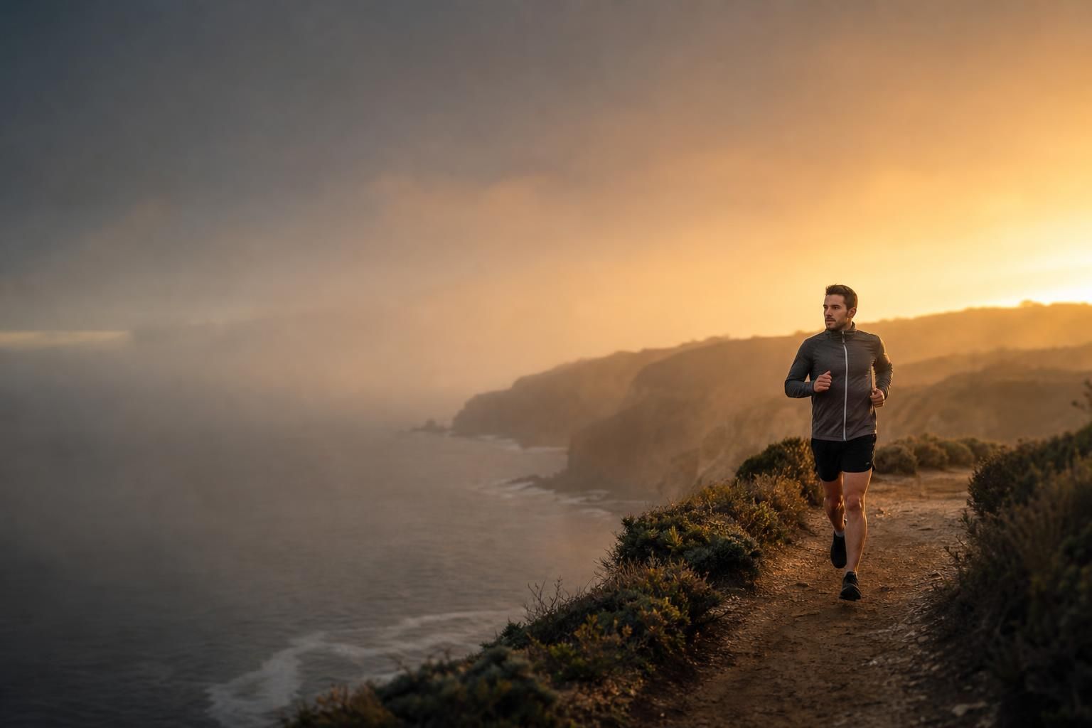 A lone runner on a coastal trail at sunrise