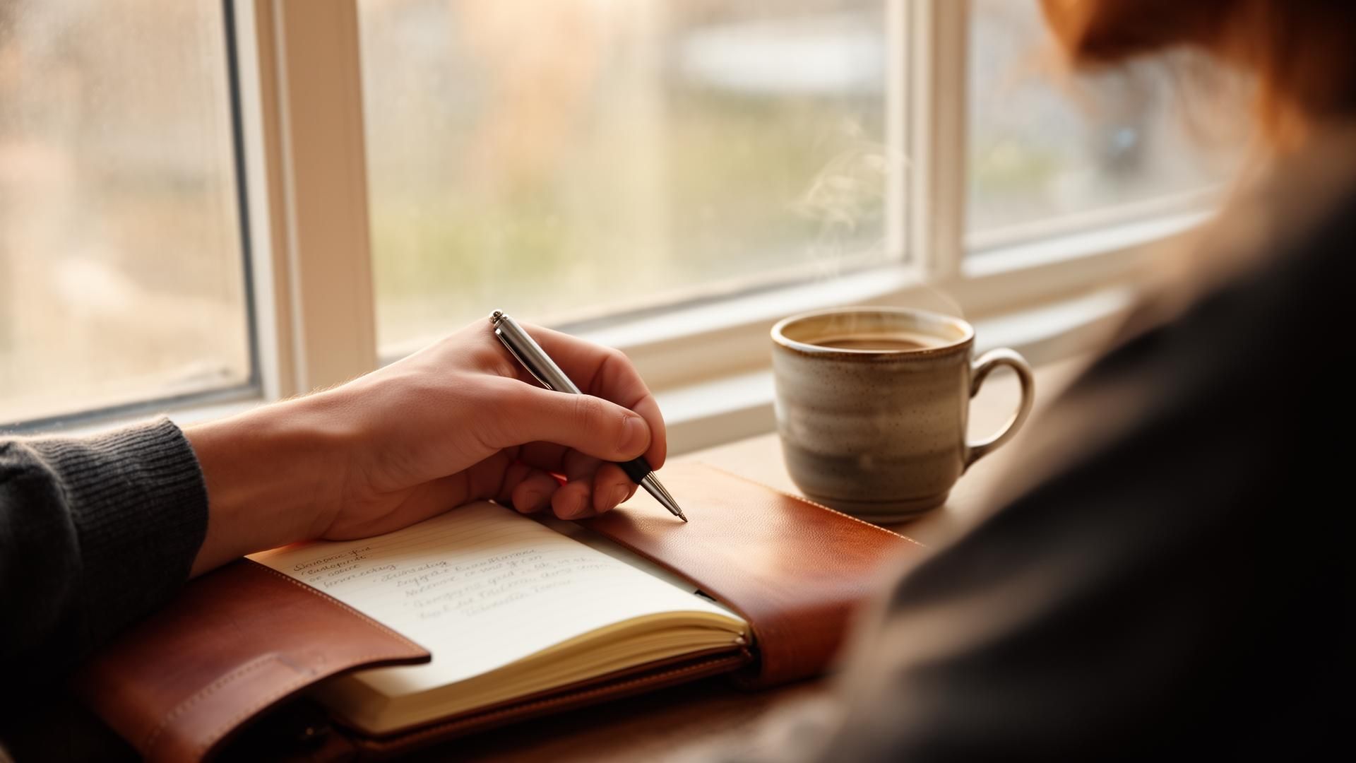 A person journaling with coffee in soft window light