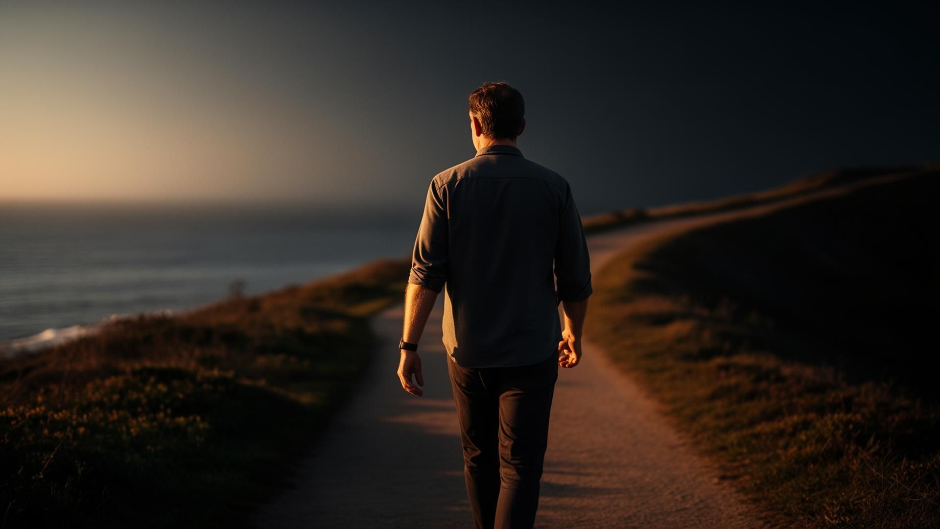 A coach walking a coastal path at golden hour