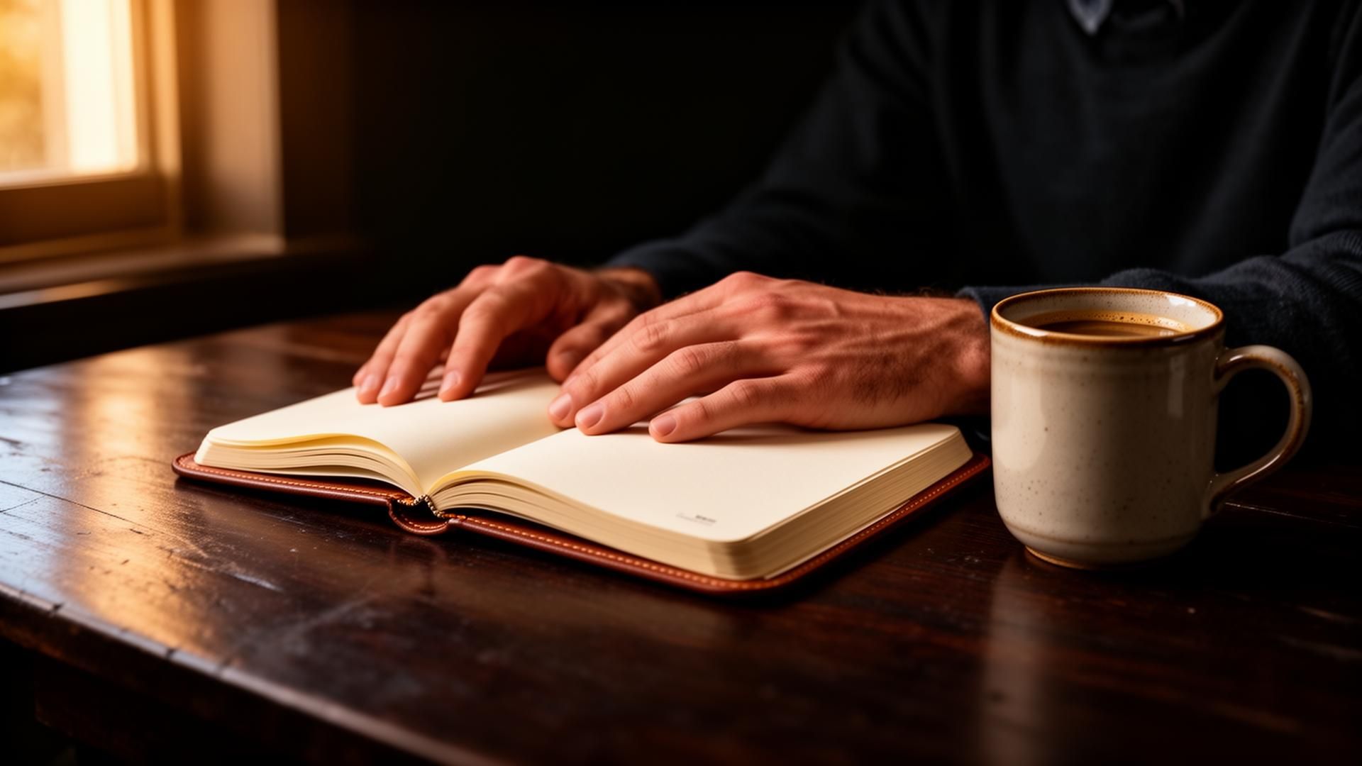 Hands resting on an open journal beside a coffee mug
