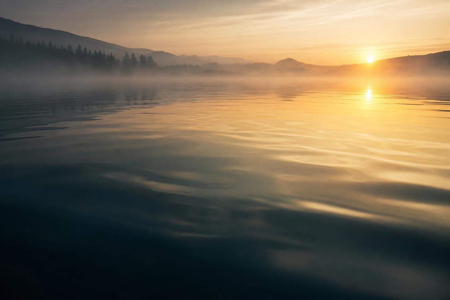 Still water at sunrise — calm and considered