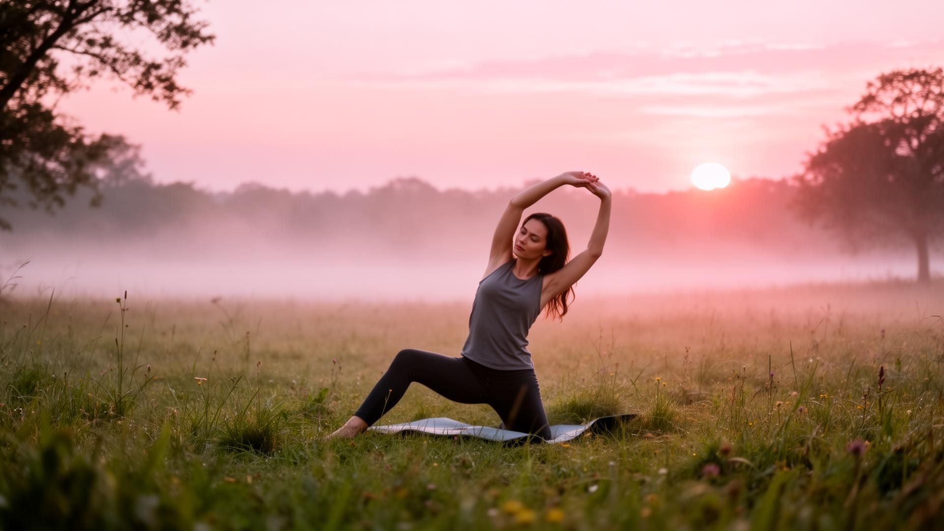 A person stretching at dawn in a quiet meadow